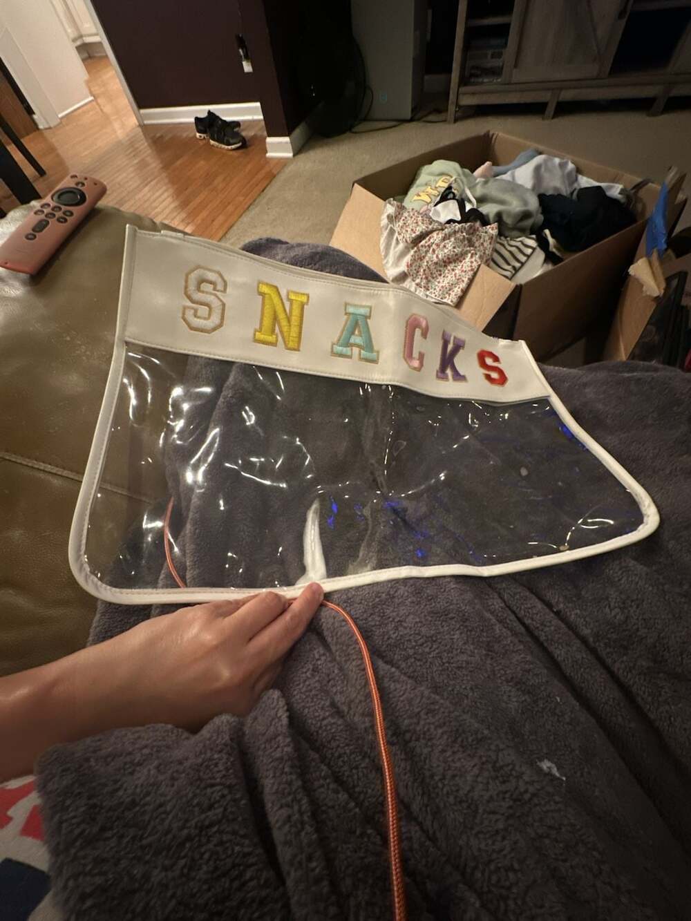 Handcrafted Chenille Letter Clear Snacks Travel Pouch With Straps- SNACKS,
